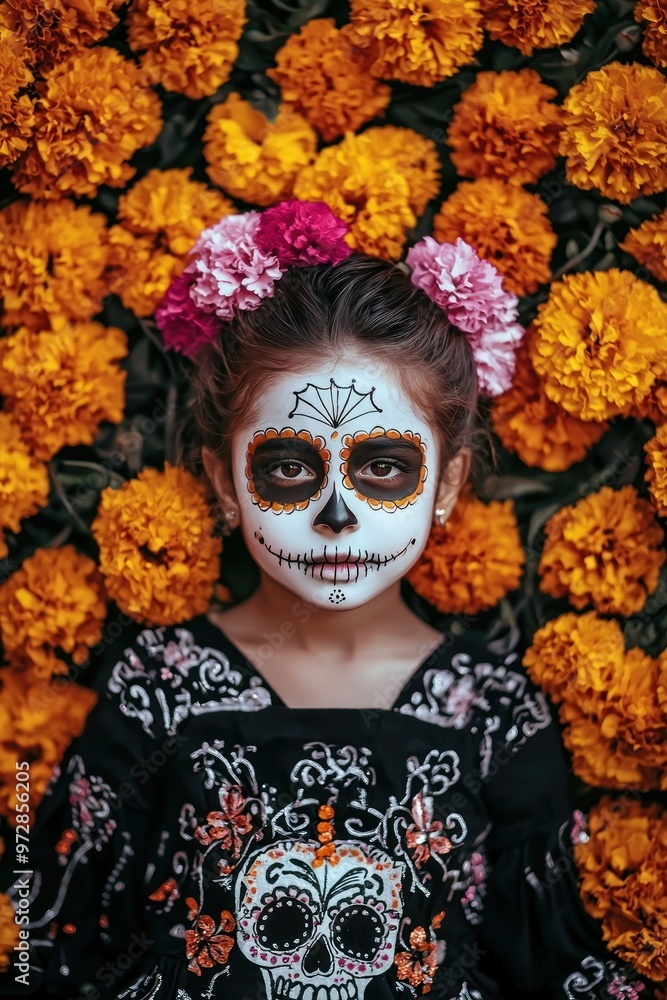 A vibrant Día de los Muertos celebration: Kids with sugar skull makeup amidst marigolds and Papel Picado in a happy memory at Generative Park A vibrant Día de los Muertos celebration: Kids with sugar skull makeup amidst marigolds and Papel Picado in a happy memory at Generative Park