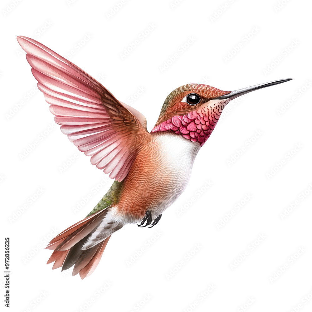 Obraz premium A vibrant hummingbird in mid-flight showcasing its colorful feathers and dynamic energy, perfect for nature-themed projects.