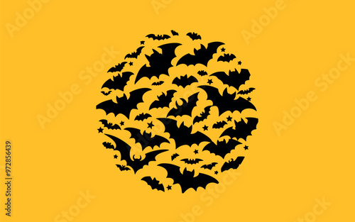 A vibrant Halloween design featuring an arrangement of black bats forming a circular pattern on a bold yellow background