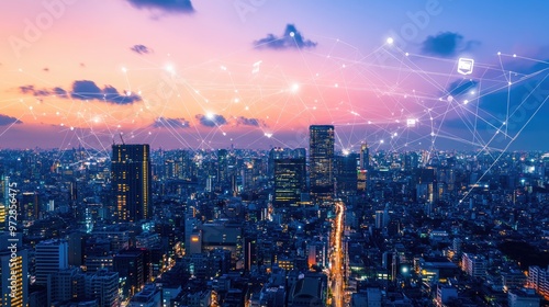 Wallpaper Mural An aerial view of a modern city skyline at sunset with a network of glowing lines and dots connecting the buildings Torontodigital.ca