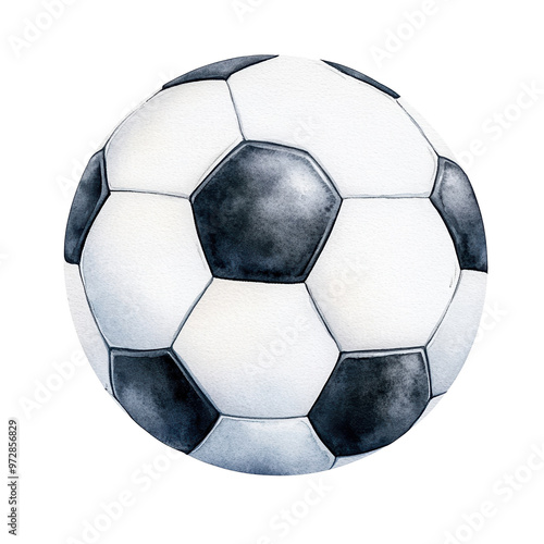 A realistic watercolor illustration of a soccer ball featuring classic black and white hexagonal pattern.