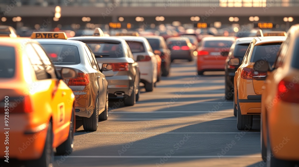 Parking lot at a busy airport with multiple cars and taxis, well-organized arrangement, outdoor setting with bright daylight, featuring a lively and active scene. Parking lot at a busy airport with multiple cars and taxis, well-organized arrangement, outdoor setting with bright daylight, featuring a lively and active scene.