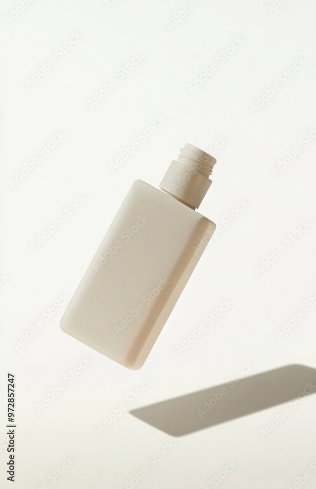 A minimalist cosmetic bottle floating in mid-air, isolated on a clean white background, casting a soft shadow below, perfect for mockup A minimalist cosmetic bottle floating in mid-air, isolated on a clean white background, casting a soft shadow below, perfect for mockup