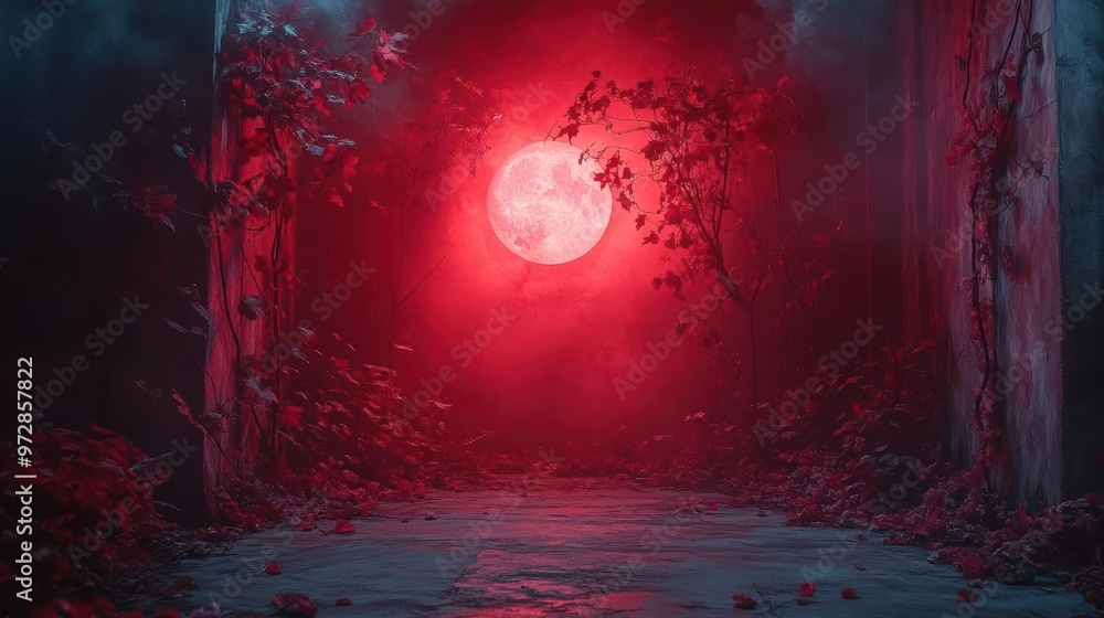 Obraz premium A full blood-red moon illuminates a mysterious overgrown pathway