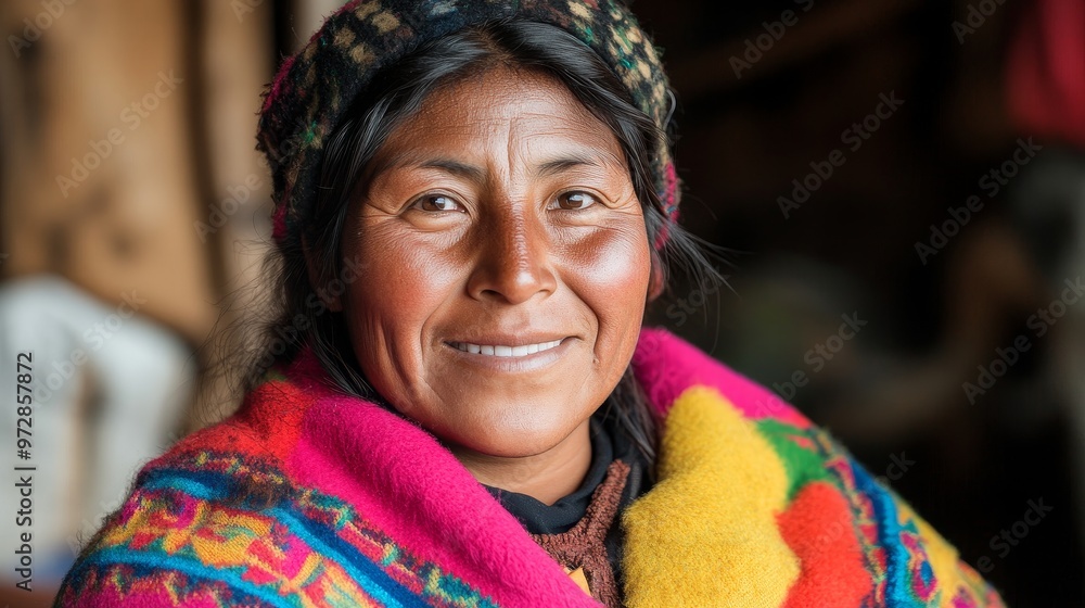 Authentic Andean Charm - Middle-Aged Woman in Manta with Candid Smile Embracing Natural Beauty Authentic Andean Charm - Middle-Aged Woman in Manta with Candid Smile Embracing Natural Beauty