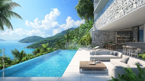 3D rendering of a modern beach house with a swimming pool, panoramic sea and sky views