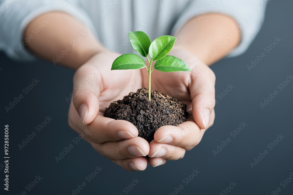 A person is holding a small plant in their hands. The plant is green and he is a seedling. Concept of nurturing and growth, as the person is taking care of the plant and helping it to grow A person is holding a small plant in their hands. The plant is green and he is a seedling. Concept of nurturing and growth, as the person is taking care of the plant and helping it to grow