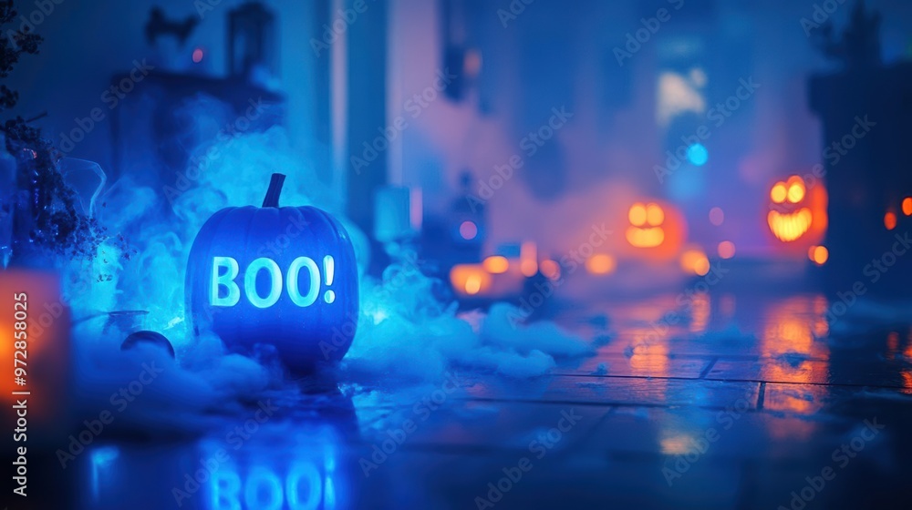 Obraz premium Glowing pumpkin with BOO inscription surrounded by spooky fog and jack-o-lanterns