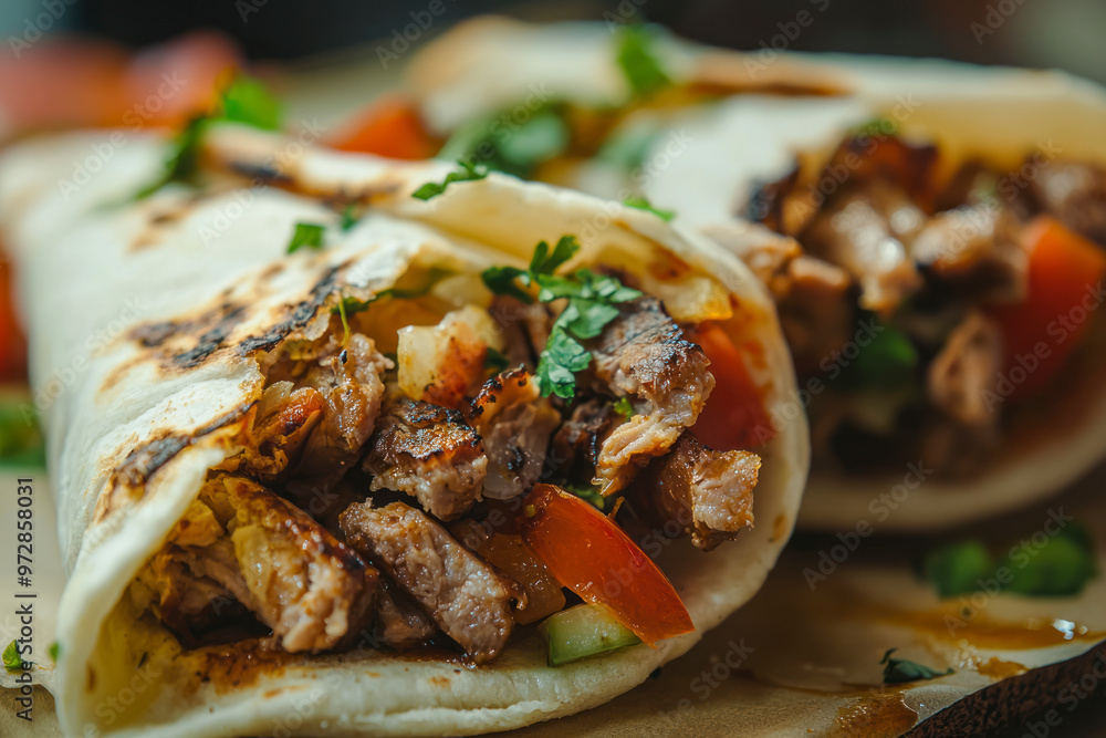 Delicious Turkish Doner Kebabs in Pita Bread for your background business, poster, wallpaper. Delicious Turkish Doner Kebabs in Pita Bread for your background business, poster, wallpaper.
