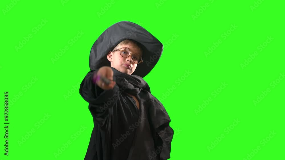 A wizard boy with a magic wand in a Halloween costume on green background A wizard boy with a magic wand in a Halloween costume on green background