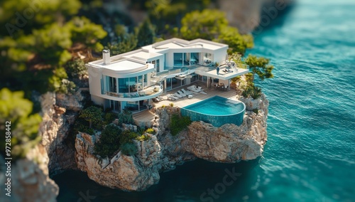 Drone aerial image of ultra modern house, villa with beautiful garden and pool high on a mountain with sea and beach. Generative stock
