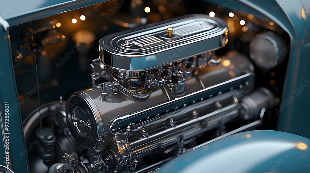 Fototapeta premium 2. **Detailed 3D model of a vintage car engine showcasing its classic components and chrome accents