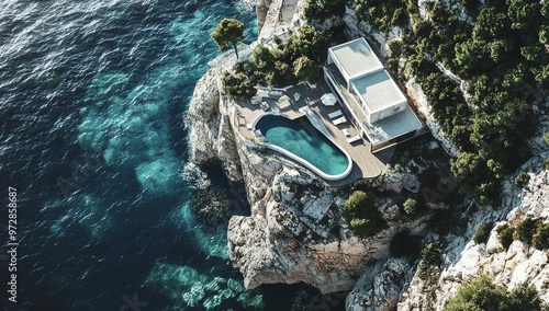 Aerial drone photo of an ultra modern house with an incredible garden, pool, beach, and sea views, generative stock