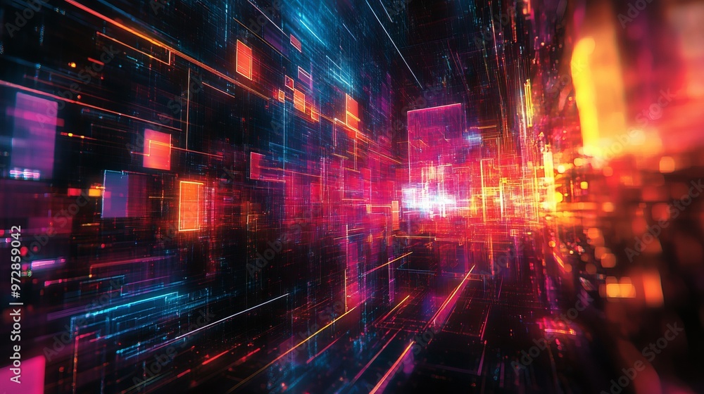A complex yet visually appealing image featuring a grid of colorful rectangles and lines representing a sophisticated digital network. Neon hues create depth and movement. A complex yet visually appealing image featuring a grid of colorful rectangles and lines representing a sophisticated digital network. Neon hues create depth and movement.