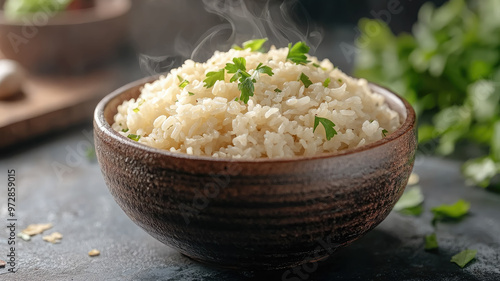 bowl of hot boiled or fried rice on table, vegetarian asian food, dish, meal, oriental cuisine, international rice day, cooking, recipe, cereal, natural products, tasty treat