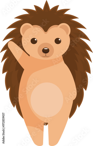Cartoon hedgehog standing on two legs and waving with its paw