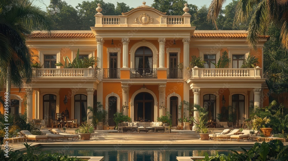 Naklejka premium A grand Mediterranean-style mansion with a swimming pool and lush landscaping