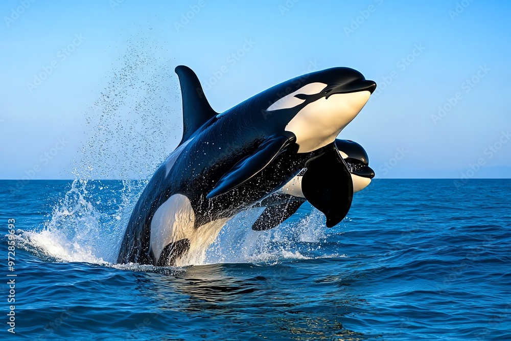 Fototapeta premium A pod of orcas breaching the ocean's surface, communicating with each other through clicks and whistles as they hunt together
