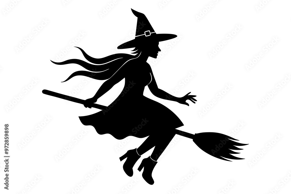 Witch flying on a broomstick silhouette, Halloween witch with broom vector illustration Witch flying on a broomstick silhouette, Halloween witch with broom vector illustration