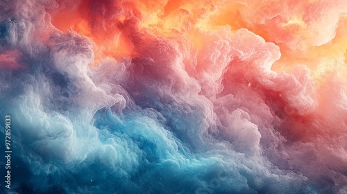 A vibrant artwork featuring abstract clouds blending warm and cool hues, captivating the viewer with its dynamic color palette and ethereal atmosphere.