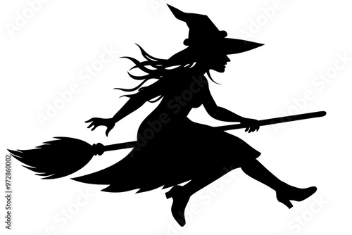 Witch flying on a broomstick silhouette, Halloween witch with broom vector illustration