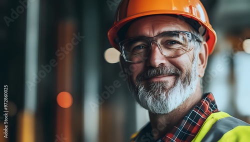 Portrait of a construction worker with a hard hat and safety glasses.