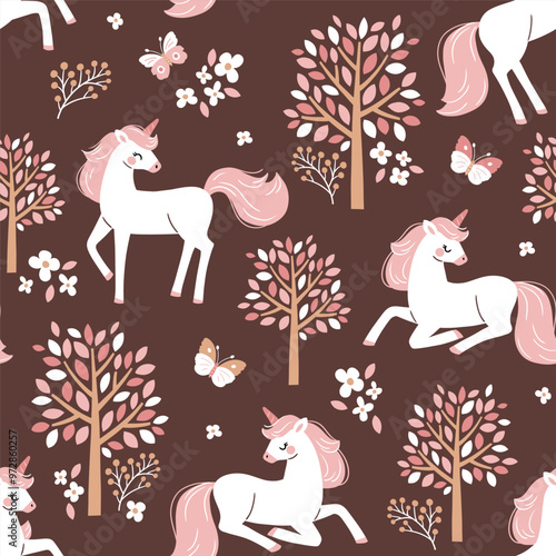 Seamless vector pattern with cute hand drawn unicorns on floral background. Perfect for textile, wallpaper or print design. EPS 10 vector file.