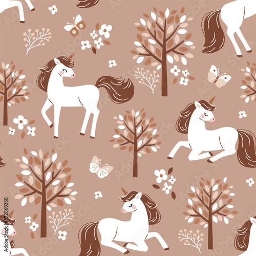 Seamless vector pattern with cute hand drawn unicorns on floral background. Perfect for textile, wallpaper or print design. EPS 10 vector file.