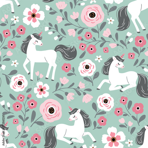 Seamless vector pattern with cute hand drawn unicorns on floral background. Perfect for textile, wallpaper or print design. EPS 10 vector file.