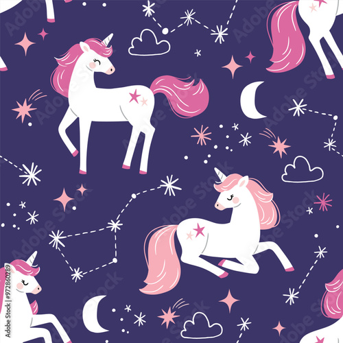 Seamless vector pattern with cute hand drawn unicorns, stars and moon. Perfect for fabric, wallpaper, wrapping paper or nursery decor. EPS 10 vector file.
