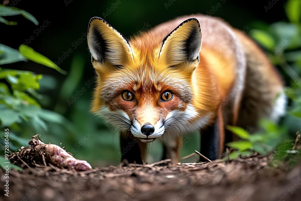 A red fox cautiously stalking its prey, moving silently through the underbrush of a forest as it hunts for food A red fox cautiously stalking its prey, moving silently through the underbrush of a forest as it hunts for food