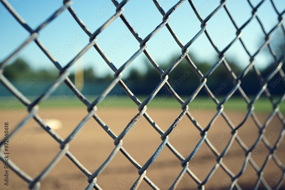 Close-up view of a chain link fence surrounding a baseball field during a sunny afternoon Close-up view of a chain link fence surrounding a baseball field during a sunny afternoon