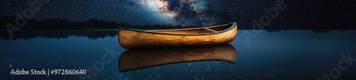 Wooden Canoe Floating on Glass-Like Water with a Mirror Reflection of the Milky Way photo