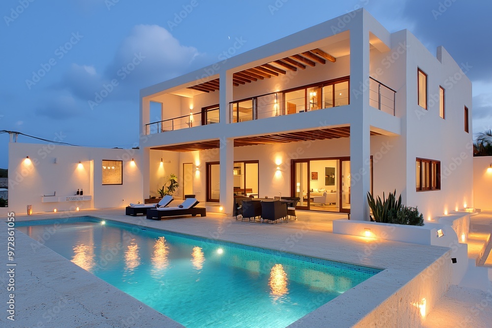 Fototapeta premium The Glowing Grandeur of a Luxurious House with a Modern Minimalist Exterior and Doorway at Night