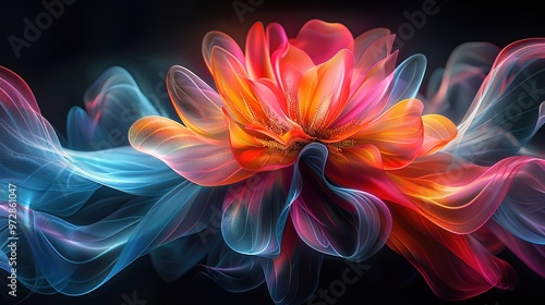 Vibrant Science Fiction Lotus Flower: A High-Definition Gradient Wave Blend with Flowing Light in CG
