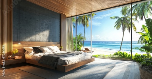 Modern loft interior design of bedroom, summer, sun loungers on sunbathing deck, and private swimming pool with panoramic sea view at villa in 3D