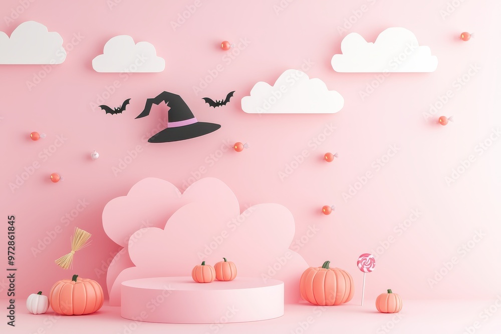 Magical Halloween scene with witches hat, pumpkins, and clouds on pink background Magical Halloween scene with witches hat, pumpkins, and clouds on pink background