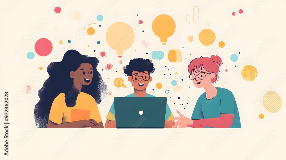 Diverse group of friends brainstorming and working together on a laptop Diverse group of friends brainstorming and working together on a laptop