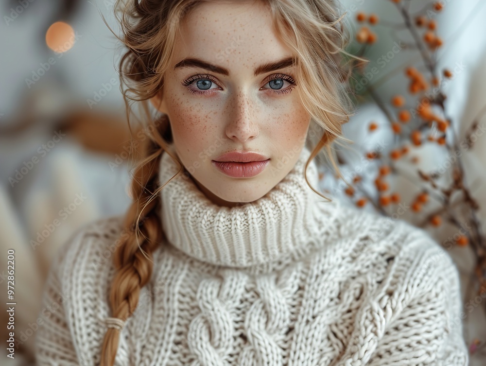 Portrait of a beautiful young woman with freckles, blue eyes, and a braid, wearing a white knitted sweater. Portrait of a beautiful young woman with freckles, blue eyes, and a braid, wearing a white knitted sweater.