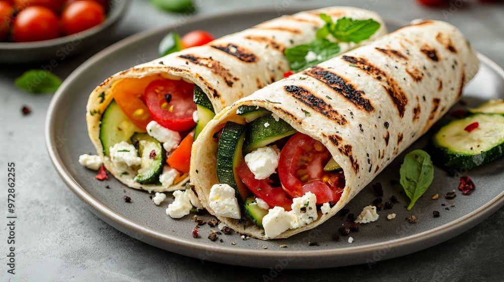 Wrap sandwich with grilled vegetables and feta cheese on a plate. Grey background. Copy space. Wrap sandwich with grilled vegetables and feta cheese on a plate. Grey background. Copy space.
