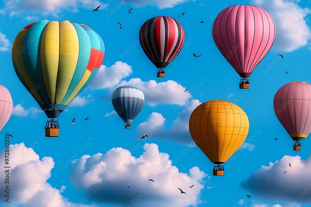 A seamless pattern of colorful hot air balloons floating through a pastel sky, with fluffy clouds and birds scattered in the background A seamless pattern of colorful hot air balloons floating through a pastel sky, with fluffy clouds and birds scattered in the background