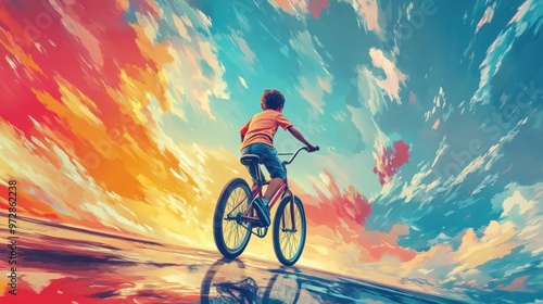 A Boy Rides His Bike Towards a Colorful Sunset