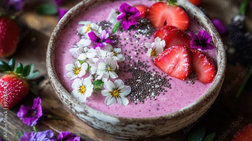 A pink smoothie bowl topped with fresh strawberries, chia seeds, and edible flowers, set on a wooden table. A pink smoothie bowl topped with fresh strawberries, chia seeds, and edible flowers, set on a wooden table.