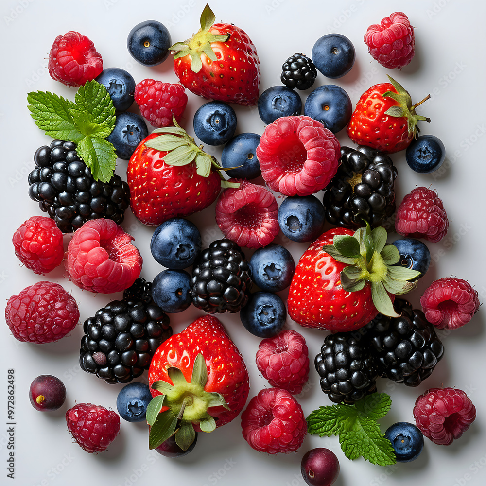 Berries. Raspberries, blueberries, strawberries with mint on grey background. Close-up Berries. Raspberries, blueberries, strawberries with mint on grey background. Close-up