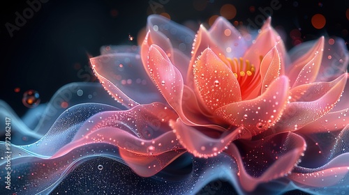 Vibrant Science Fiction Lotus Flower: A High-Definition Gradient Wave Blend with Flowing Light in CG