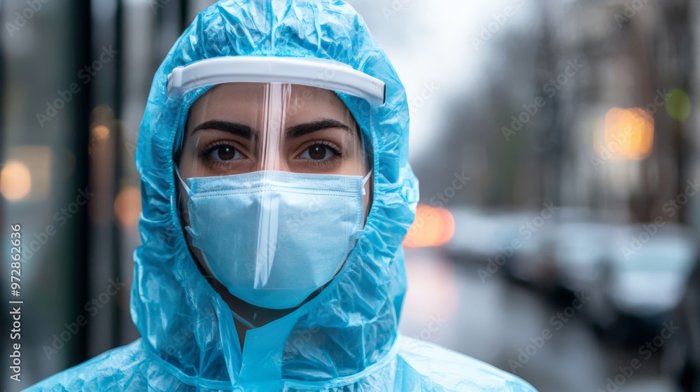 Individual wearing protective gear, symbolizing health problems from climate change, urban setting Individual wearing protective gear, symbolizing health problems from climate change, urban setting