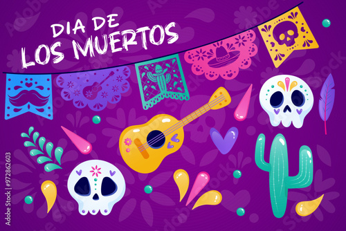 Day of the Dead set, elements on a purple background. Flags, skull, guitar, cactus.