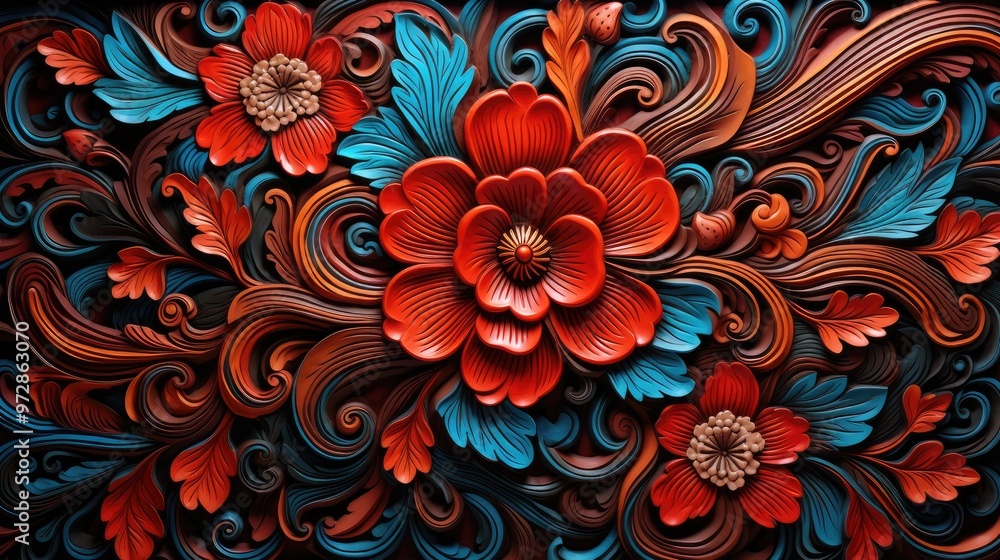 A vibrant floral design featuring intricate red and blue flowers intertwined with flowing leaves, creating a decorative pattern. A vibrant floral design featuring intricate red and blue flowers intertwined with flowing leaves, creating a decorative pattern.