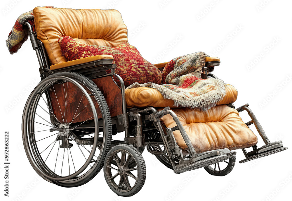 Fototapeta premium A well-worn wheelchair with plush upholstery and a blanket