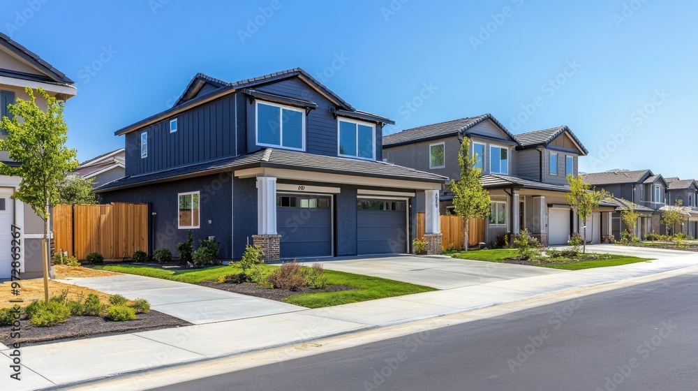 Newly constructed suburban homes with modern architecture, freshly landscaped Newly constructed suburban homes with modern architecture, freshly landscaped